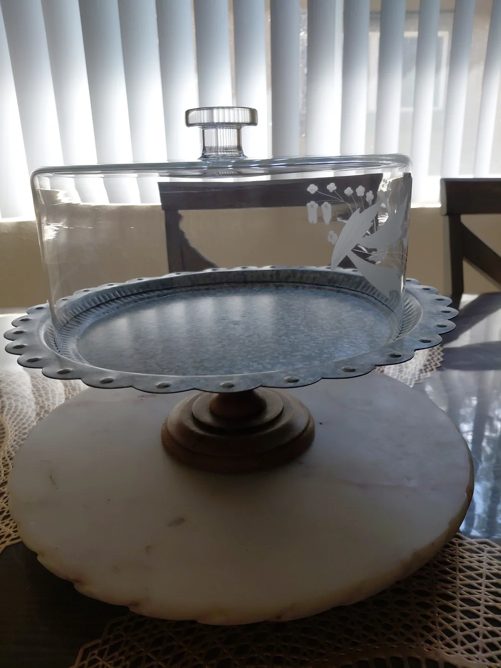 Vintage Floral Etched Glass Pedestal Cake Stand with Domed Lid